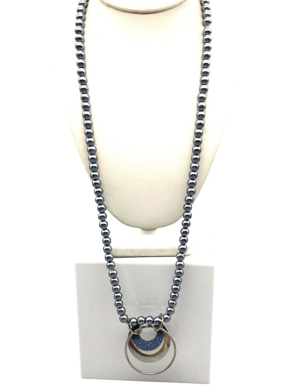 Classy Grey and Silver Circles Pendant on Lustrous Faux Tahitian Pearl Long - Picture 2 of 5